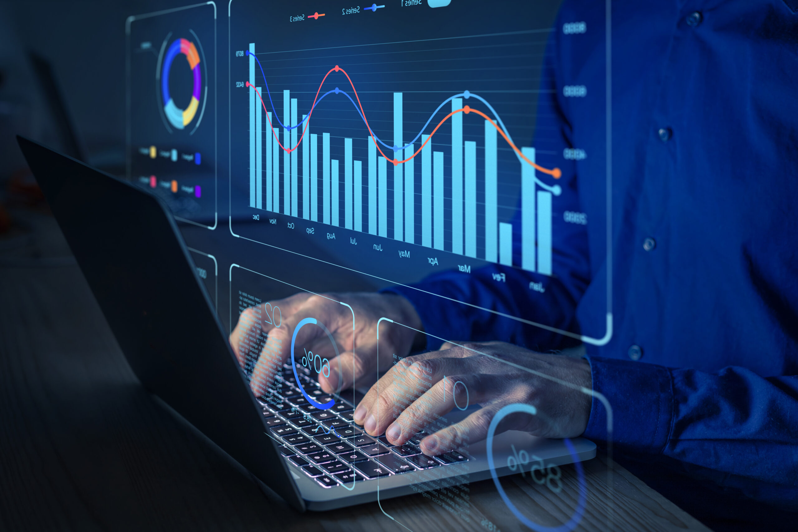 Operations Management. Data analyst working on business analytics dashboard with charts, metrics.